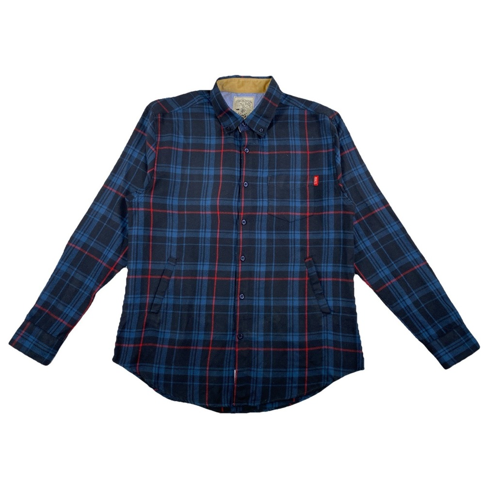 RSVLTS Flannel Shacket Men's Large Blue Plaid Shirt Jacket Outdoors Camping